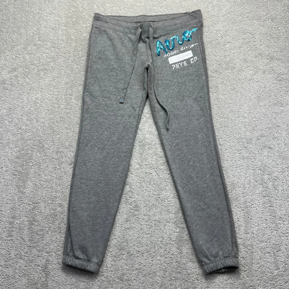 Aeropostale Sweatpants Womens Medium Grey Aero Live Love Dream Sequin Low Rise
